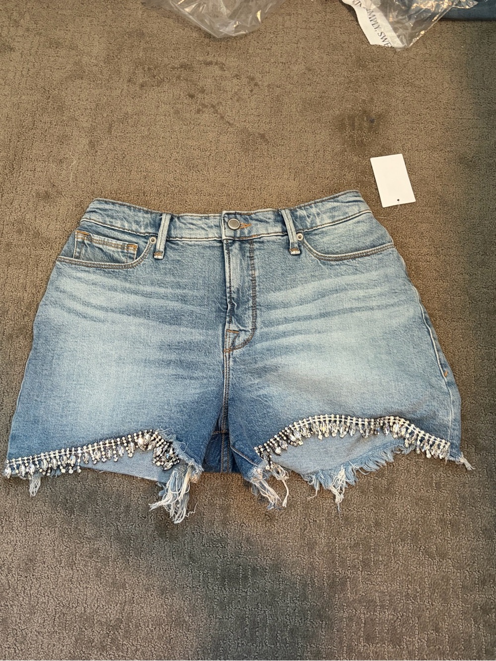 Good American Bombshell Rhinestone Hem Denim Shorts